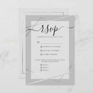 Elegant Simple Grey Silver Geo Border Wedding RSVP Card
