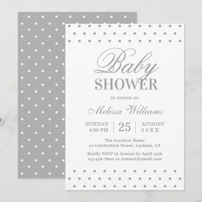 Elegant Simple Grey White Dots Script Baby Shower Invitation (Front/Back)