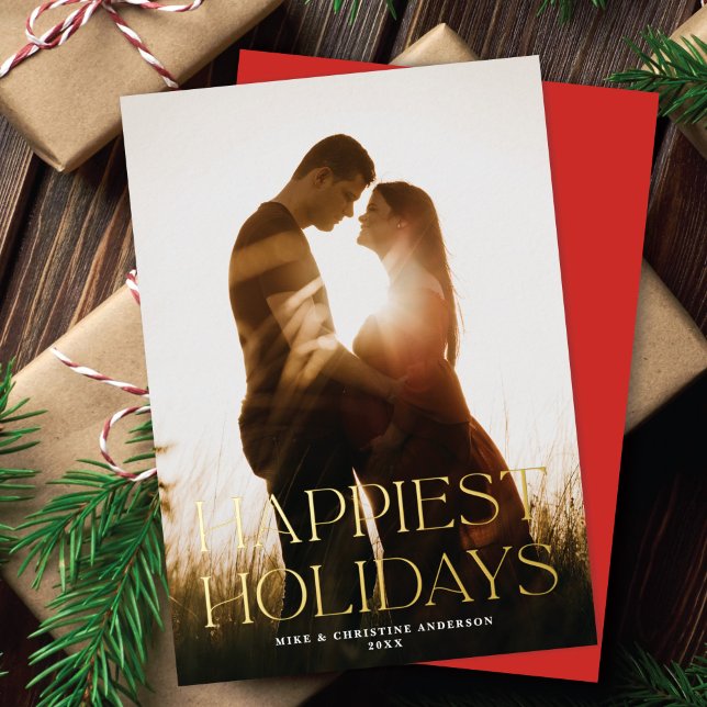 Elegant Simple Happiest Holidays One Photo Gold Foil Holiday Card (Creator Uploaded)