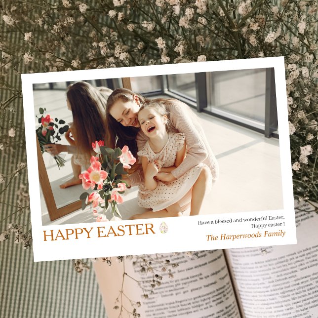 Elegant Simple happy Easter Eggs Family photo Holiday Card (Creator Uploaded)