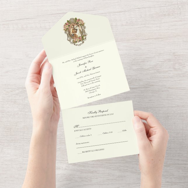 Elegant Simple Ivory Catholic Floral Wedding  All In One Invitation (Tearaway)