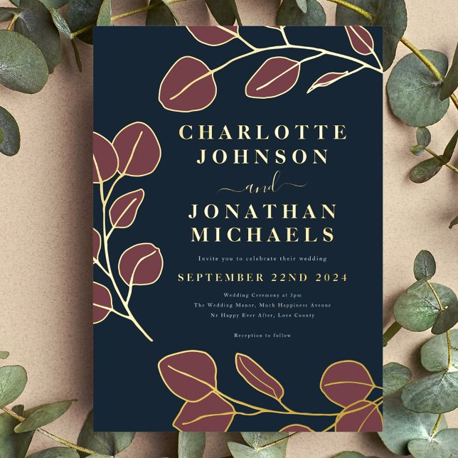 Elegant Simple Leaf Navy Blue Terracotta Gold (Minimalist leaf modern stylish navy blue burgundy and gold foil wedding invitation )
