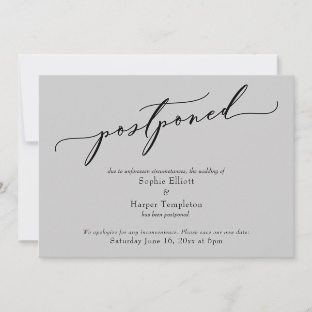 Elegant Simple Light Grey Postponed Wedding Card (Front)
