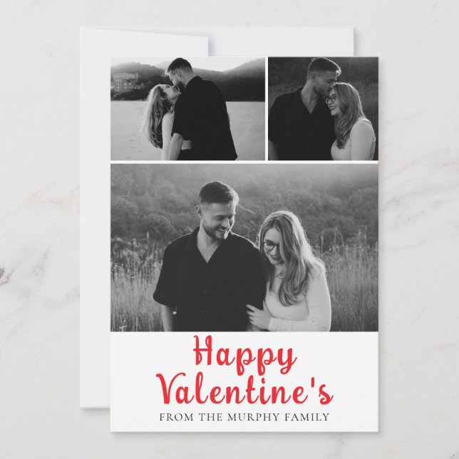 Elegant Simple Love Happy Valentines Day 3 Photo Holiday Card (Front)