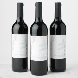 Elegant Simple Marble Stone Blue Name Monogram Wine Label