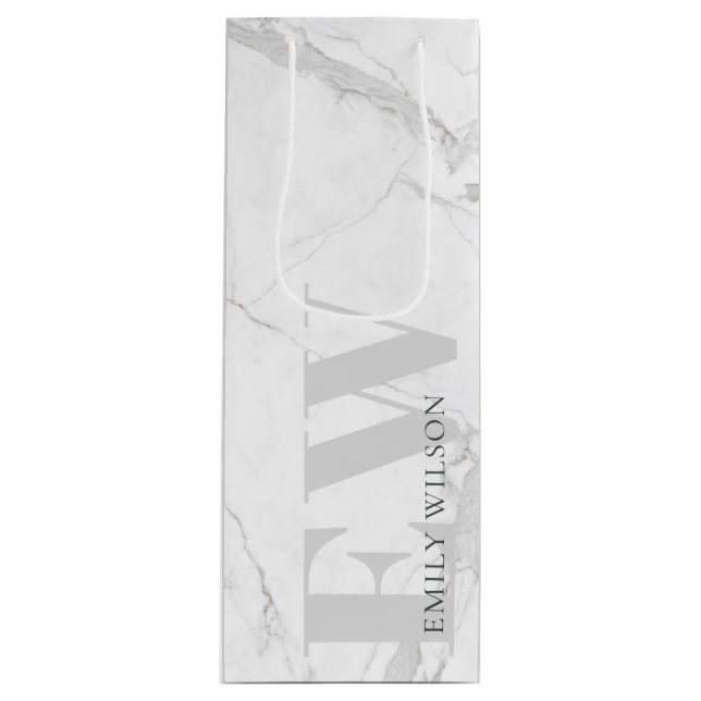 Elegant Simple Marble Stone Grey Name Monogram Wine Gift Bag (Front)