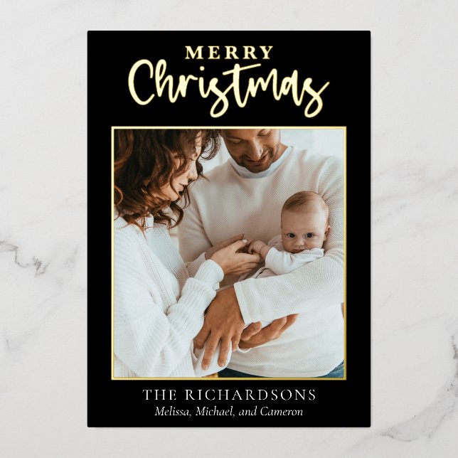 Elegant Simple Merry Christmas Family Photo Trendy Foil Holiday Card (Front)