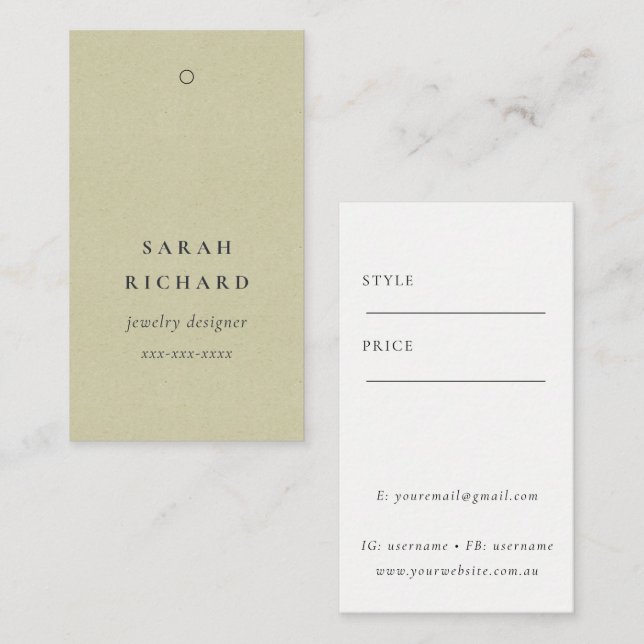 Elegant Simple Minimal Kraft White Price Tag Name (Front/Back)
