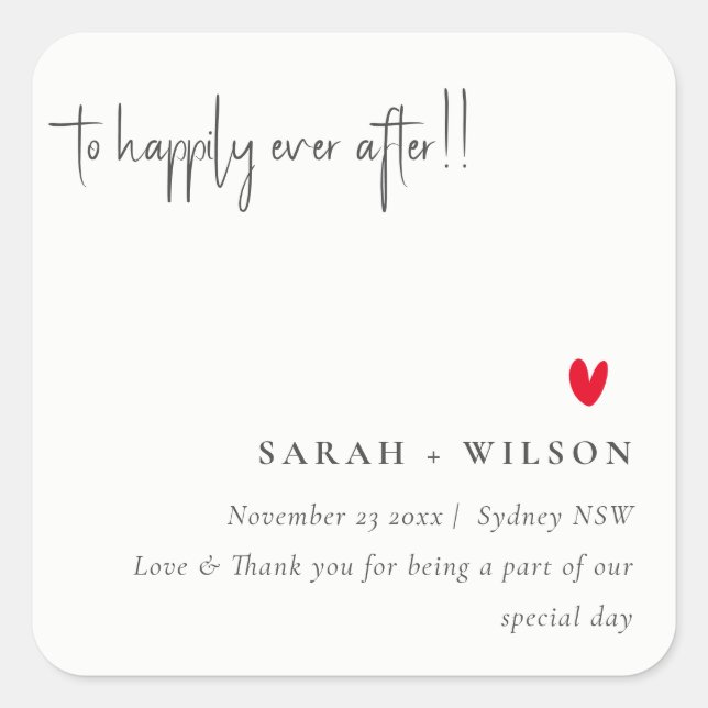 Elegant Simple Minimal Red Heart Script Wedding Square Sticker (Front)