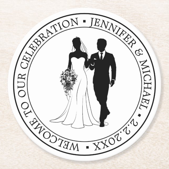 elegant simple minimal typography wedding couple  round paper coaster (Front)