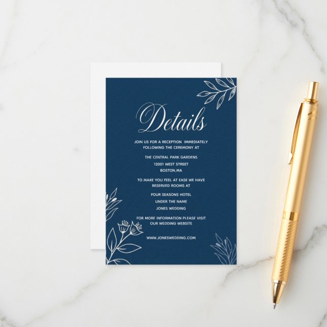 elegant simple minimal wedding website navy  enclosure card (Front/Back In Situ)