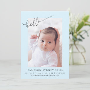 Elegant Simple Minimalist Hello Blue Photo Birth Announcement