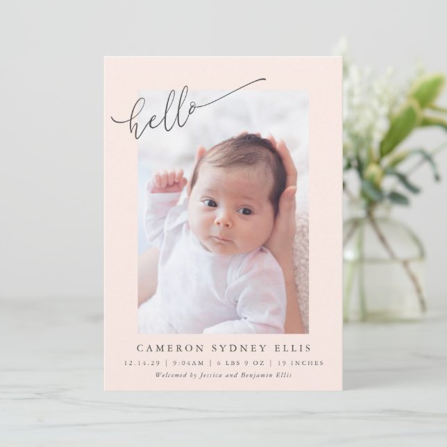 Elegant Simple Minimalist Hello Blush Photo Birth Announcement (Standing Front)