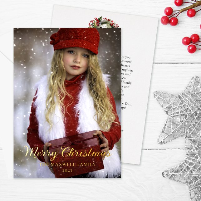 Elegant Simple Minimalist Merry Christmas Photo (Elegant minimalist "Merry Christmas" design with large photo, gold foil text and back  message.)