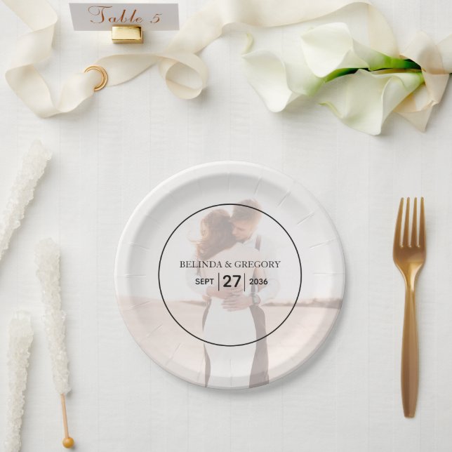 Elegant Simple Minimalist Photo Wedding  Paper Plate (Wedding)
