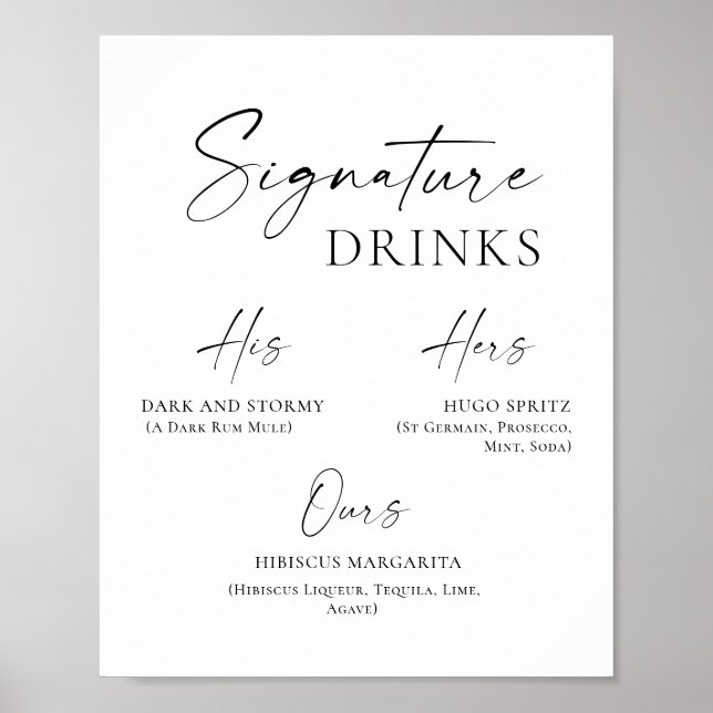 Elegant Simple Minimalist Signature Drinks Wedding Poster (Front)
