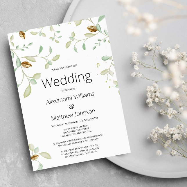 Elegant simple mint green gold foliage Wedding Invitation (Elegant simple mint green gold foliage Wedding )