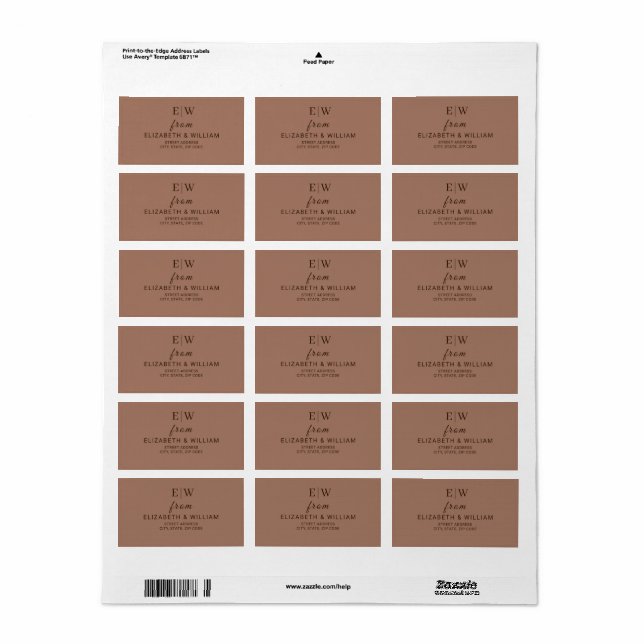Elegant Simple Mocha Mousse with Monogram Wedding Label (Full Sheet)