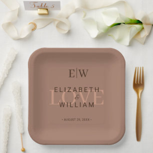 Elegant Simple Mocha Mousse with Monogram Wedding Paper Plate