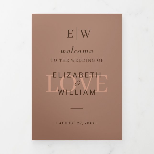 Elegant Simple Mocha Mousse with Monogram Wedding Tri-Fold Programme (Cover)