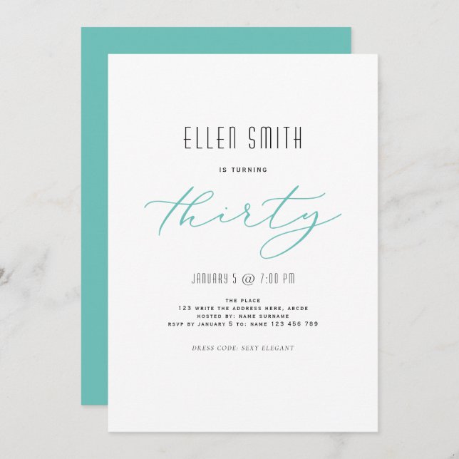 Elegant, Simple, Modern, 30th birthday Invitation (Front/Back)