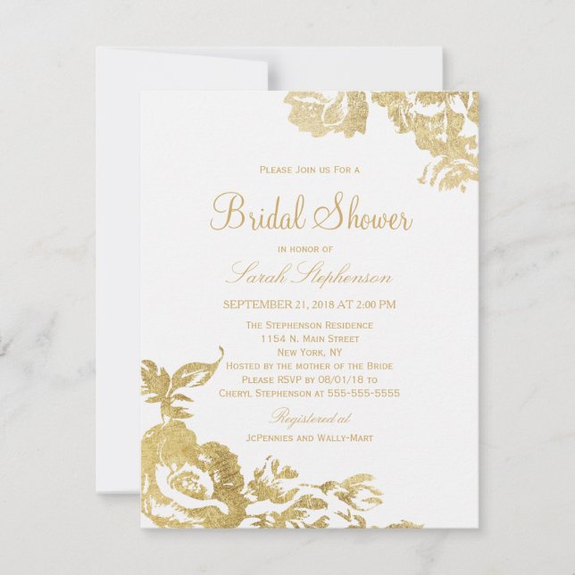 Elegant Simple Modern Floral Gold Bridal Shower Invitation (Front)