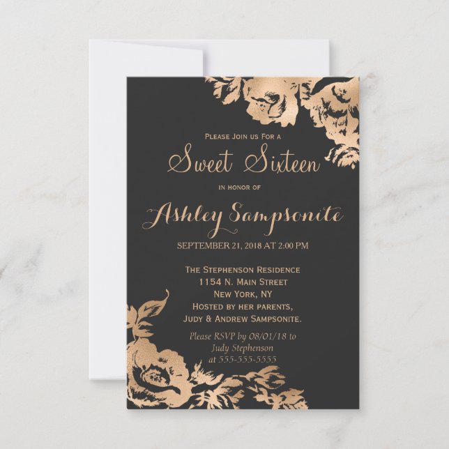 Elegant Simple Modern Gold Black Floral Sweet 16 Invitation (Front)