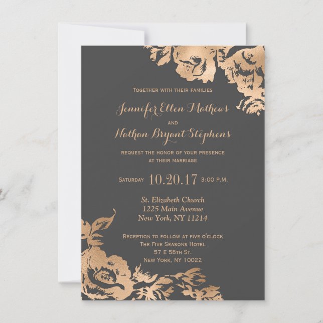Elegant Simple Modern Gold Grey Floral Wedding Invitation (Front)