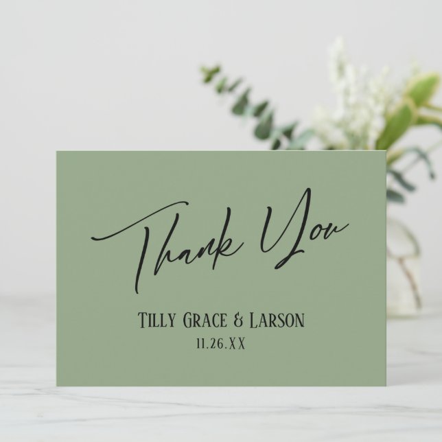 Elegant Simple Modern Handwriting Sage Green Thank You Card (Standing Front)