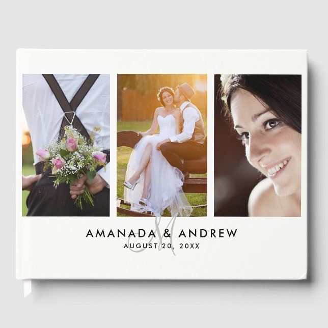 Elegant Simple Modern Monogram 3 Photos Wedding Guest Book (Front)