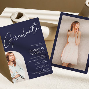 Elegant simple modern navy blue photo graduation invitation