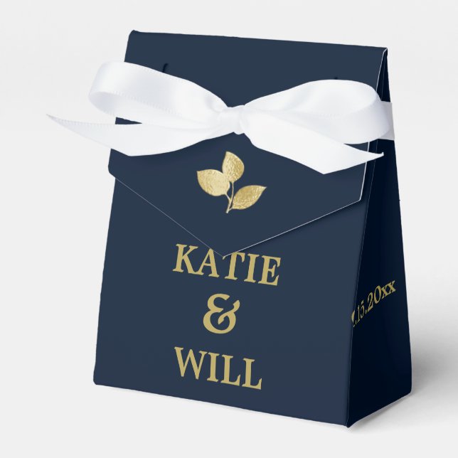Elegant Simple Modern Navy Gold Leaves wedding Favour Box (Front Side)