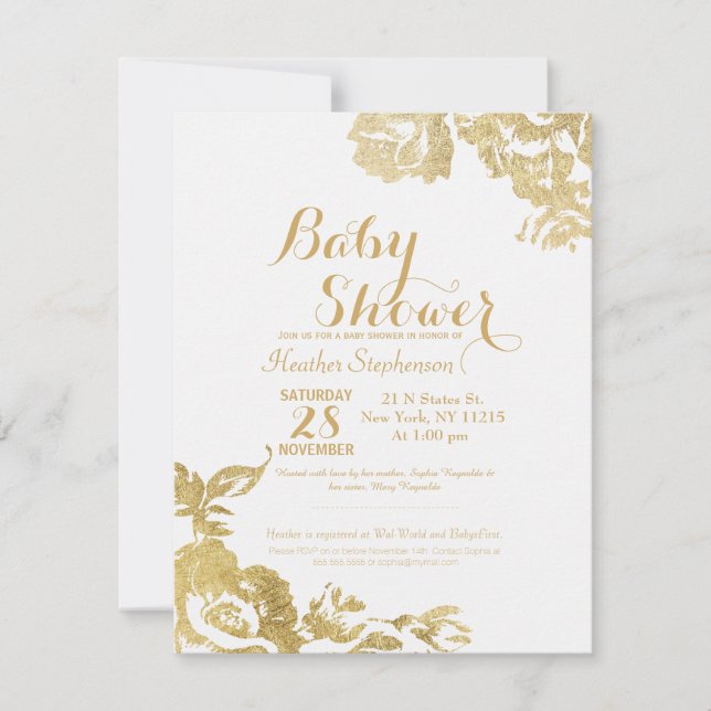 Elegant Simple Modern Rose Floral Gold Baby Shower Invitation (Front)