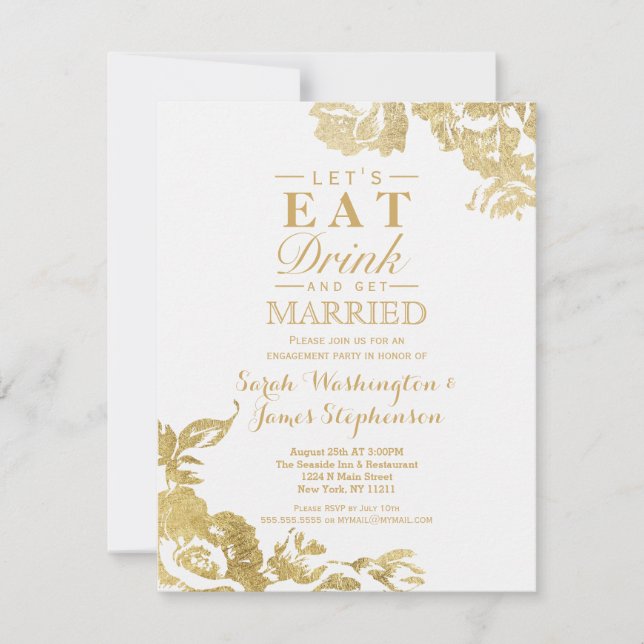 Elegant Simple Modern Rose Floral Gold Engagement Invitation (Front)