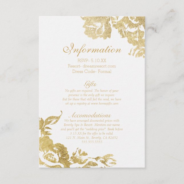 Elegant Simple Modern Rose Floral Gold Faux Print Enclosure Card (Front)