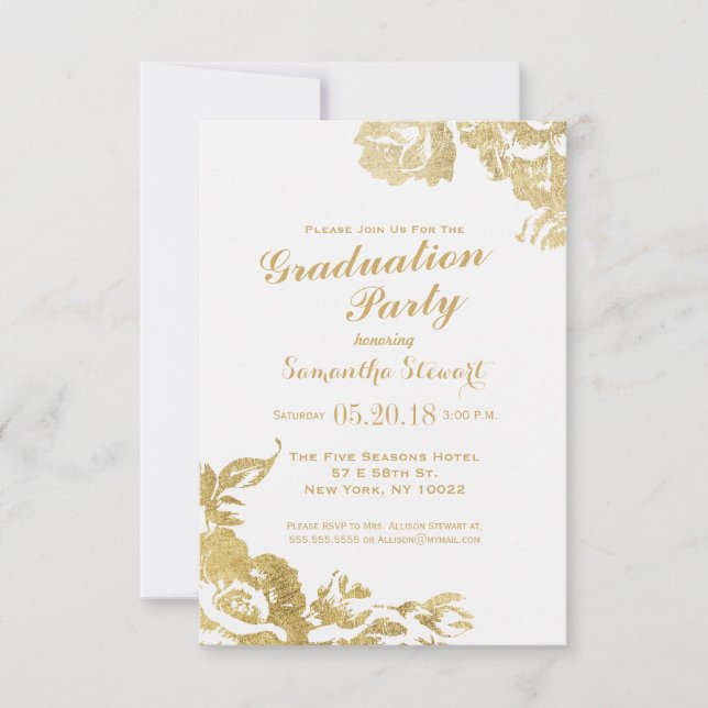 Elegant Simple Modern Rose Floral Gold Graduation Invitation (Front)