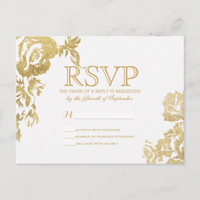 Elegant Simple Modern Rose Floral Gold RSVP Invitation Postcard (Front)