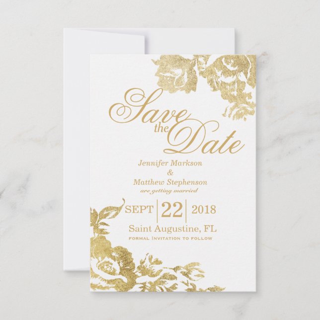 Elegant Simple Modern Rose Floral Gold Save Date Invitation (Front)