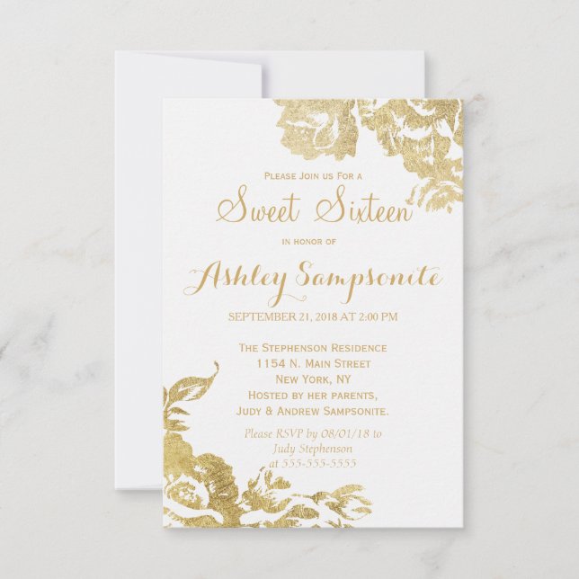 Elegant Simple Modern Rose Floral Gold Sweet 16 Invitation (Front)