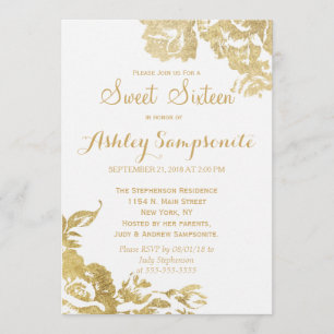 Elegant Simple Modern Rose Floral Gold Sweet 16 Invitation