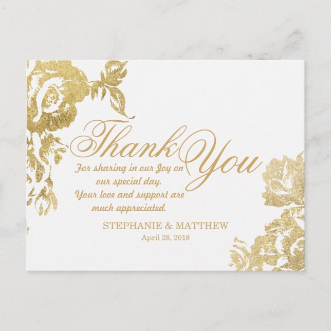 Elegant Simple Modern Rose Floral Gold Thank You Postcard (Front)