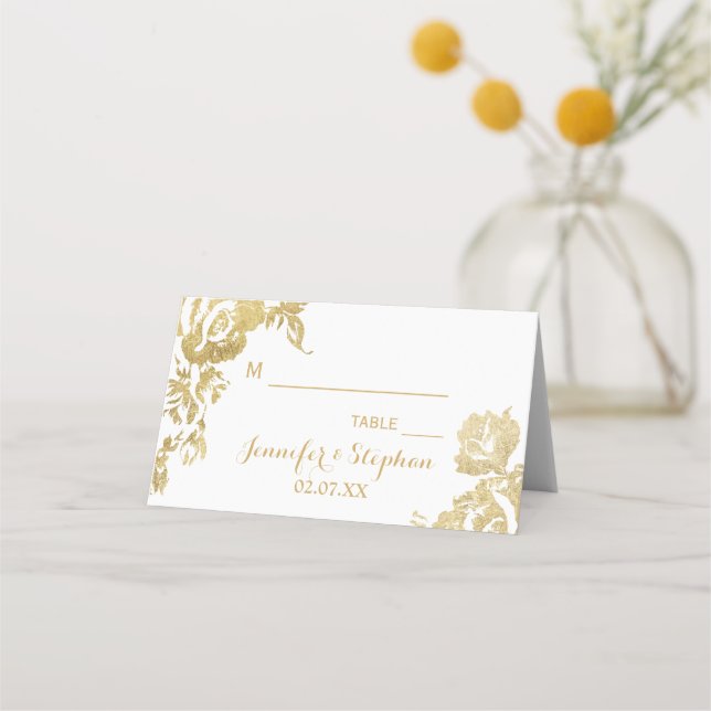 Elegant Simple Modern Rose Floral Gold Wedding Place Card (Front)
