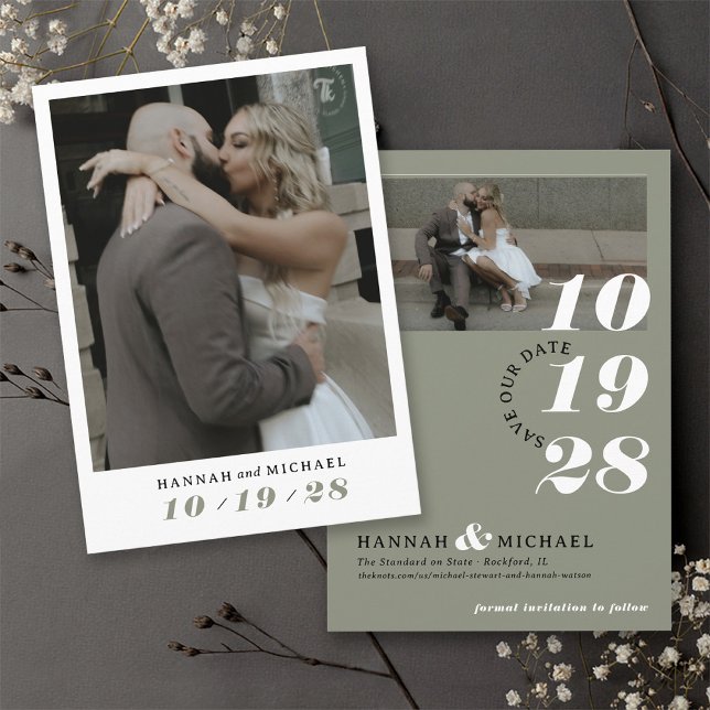 Elegant Simple Modern Sage Green 2 Photo Wedding Save The Date (Sage green, black and white photo simple elegant modern minimalist wedding invitation save the date)