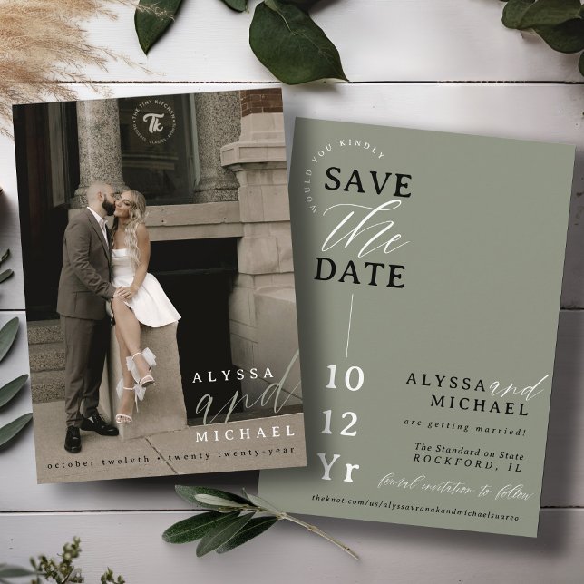 Elegant Simple Modern Sage Green Photo Wedding Save The Date (Elegant modern photo typography script simple wedding save the date, black & white, moss, sage green)