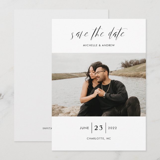 Elegant Simple Modern Script Photo Wedding  Save T The Date (Front/Back)