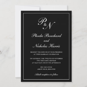 Elegant Simple Monogram Black All In One Wedding Invitation