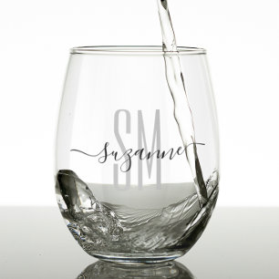 Elegant Simple Monogram Name Personalised  Stemless Wine Glass