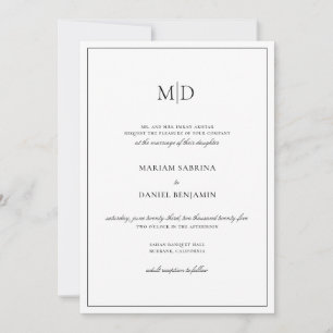 Elegant Simple Monogram Script White Wedding Invitation