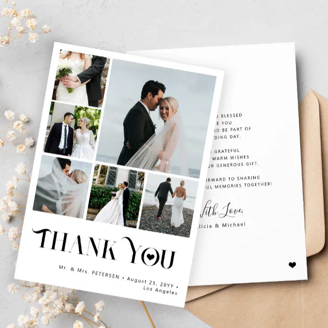 Elegant simple multi photo collage wedding thank you card | Zazzle