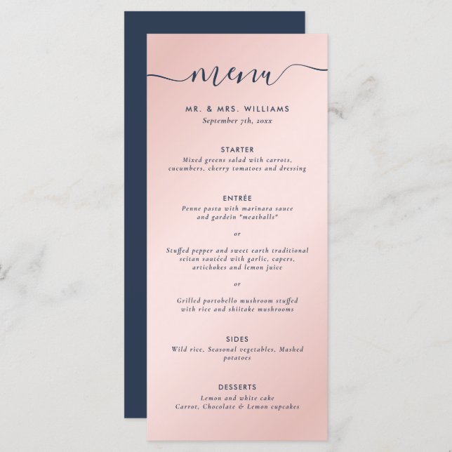 Elegant Simple Navy Blue and Blush Menu (Front/Back)